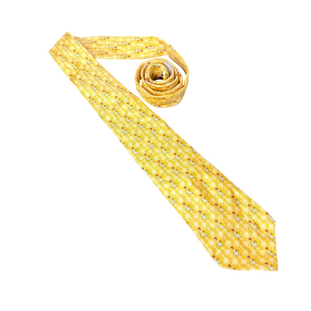 Salvatore Ferragamo Tie Mens OS Yellow Rooster Animal Print Silk Italy Designer
